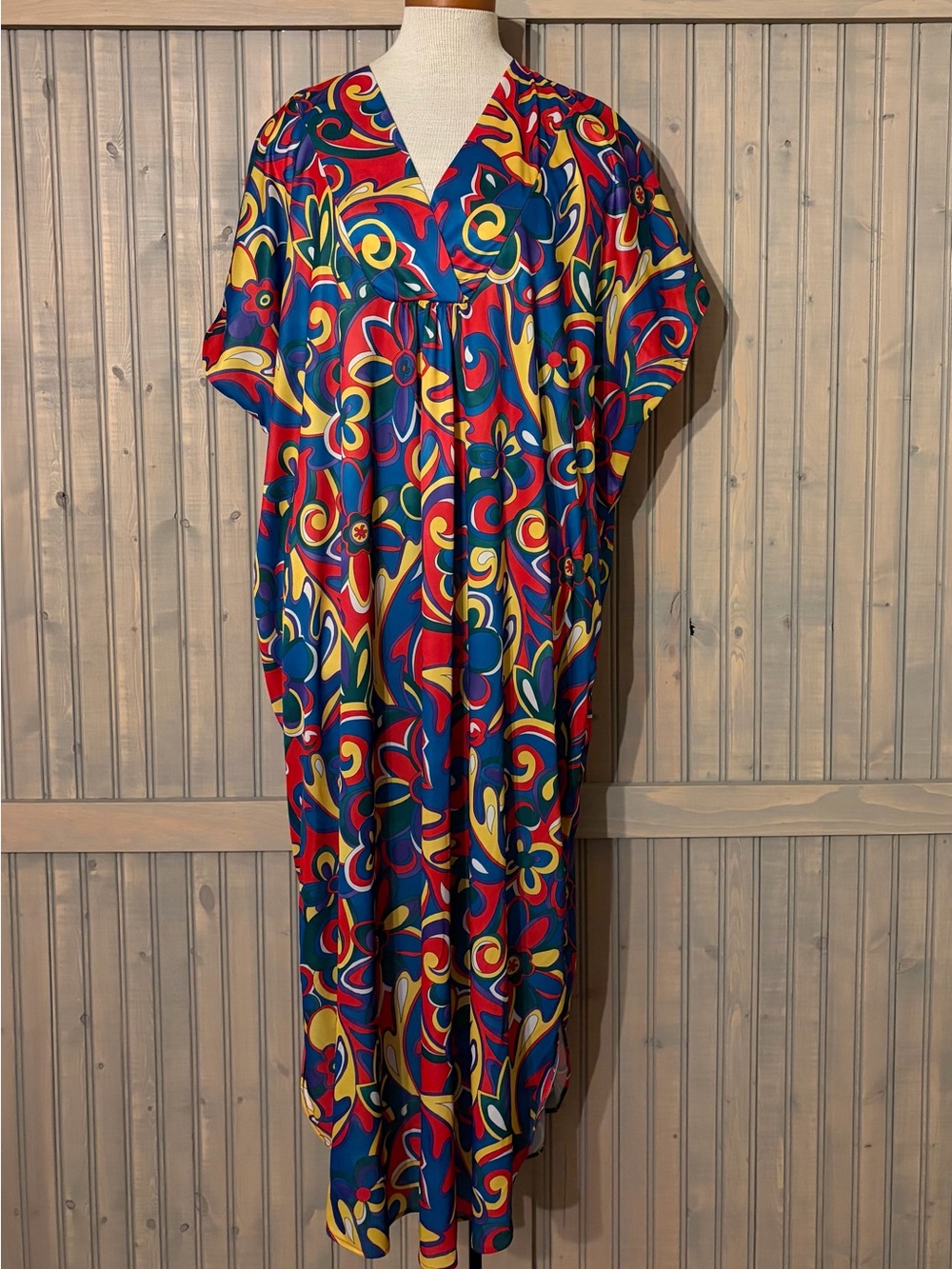 Vintage Multicolor Maxi Dress - Bold Red, Blue & Yellow Swirls